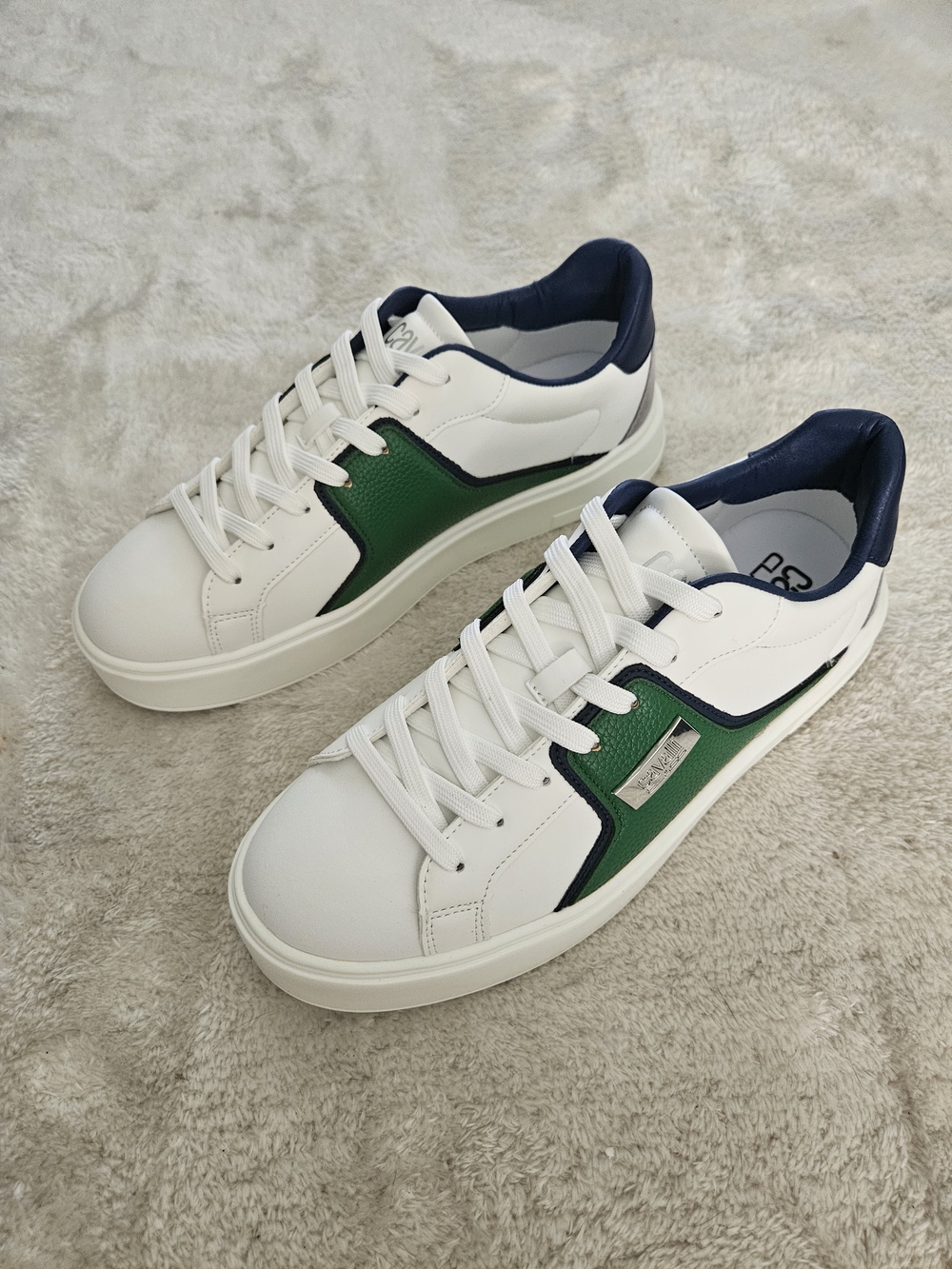 NWT Roberto Cavalli Metal Logo Low Top Sneaker Men Size 10 Green White Luxury - Picture 7 of 12